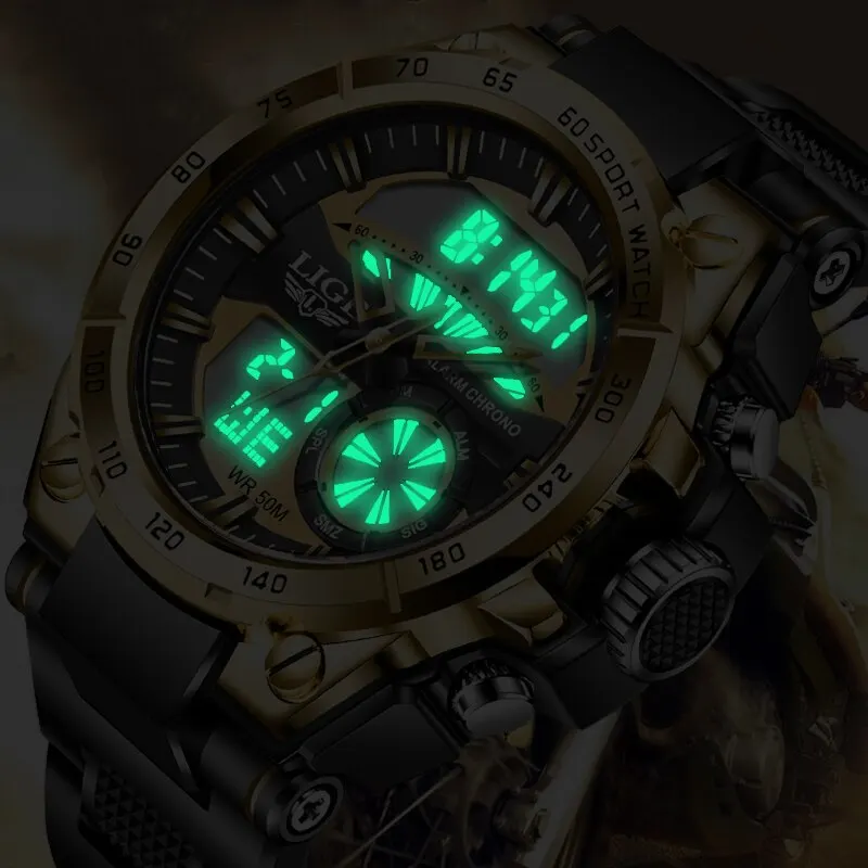 LIGE Top Brand Luxury Men Watches Fashion Dual Display Watch For Men Casual Sport Divier Watch Men Quartz Chronograph Clock Male