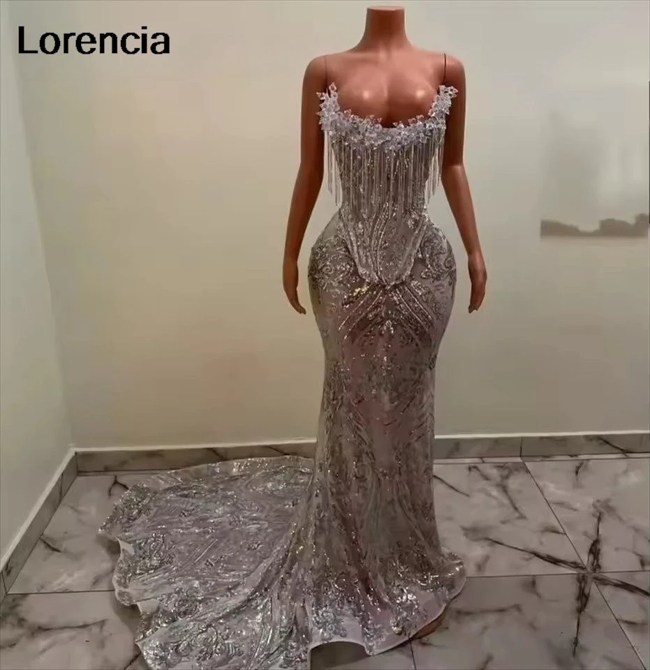 

Индивидуальное африканское платье Aso Ebi, блестящее серебряное платье русалки для выпускного вечера, расшитое бисером и кристаллами, кружевное вечернее платье с аппликацией, Robe De Sorrie YPD339