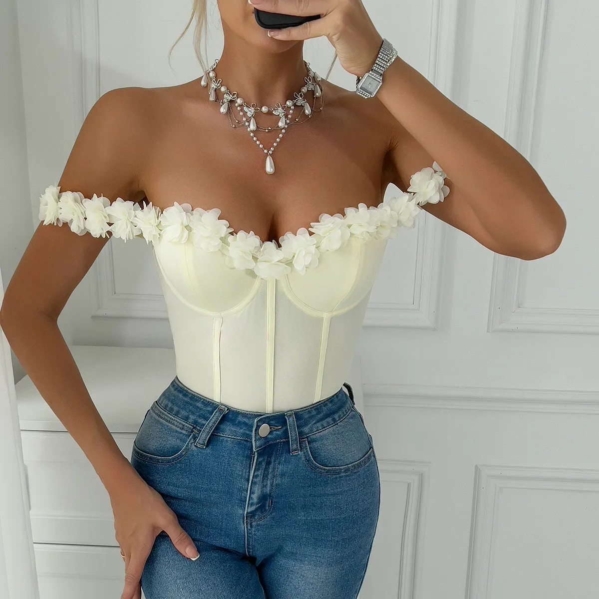 Hot-selling Three-dimensional Flower Shoulder Sexy Hottie Pure Desire Wind Onesie
