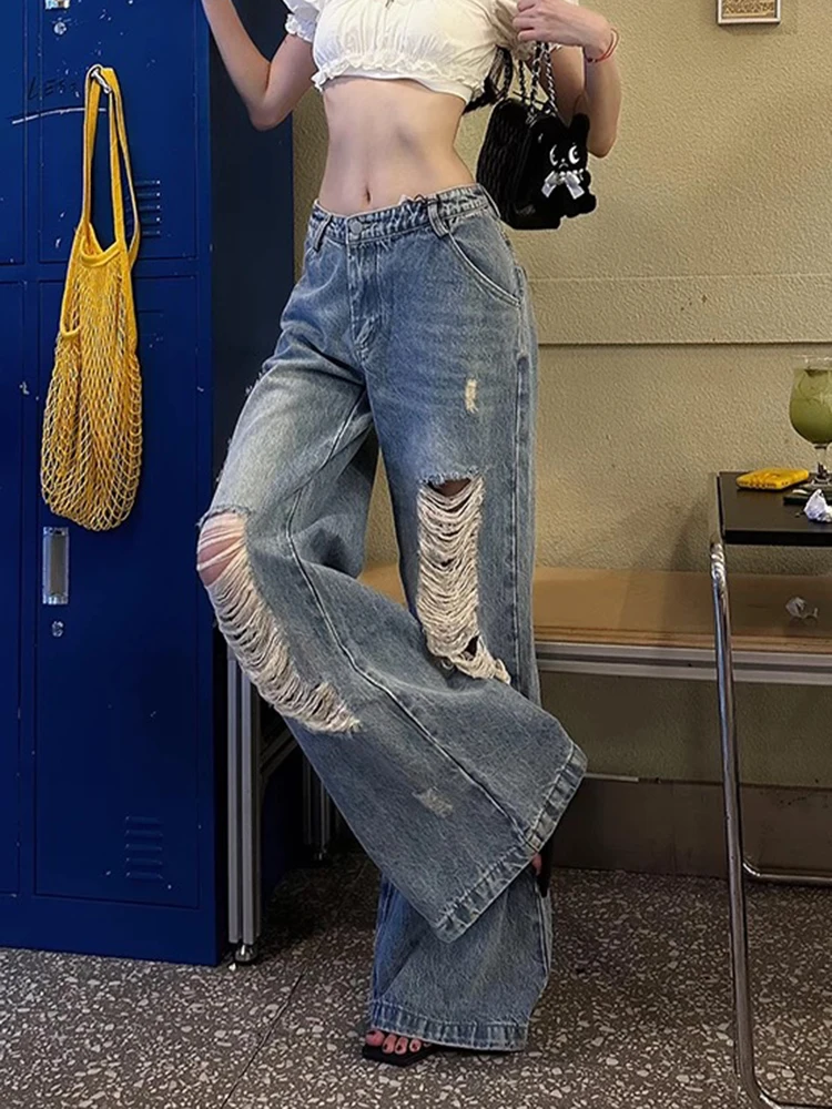 

Y2K рваные джинсы с низкой талией, женские потертые синие потертые джинсы, свободный крой, утягивающие прямые широкие брюки длиной до пола