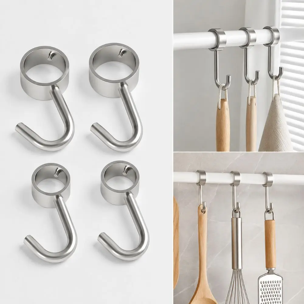 4pcs Durable Stainless Steel Pipe Hook Hanger Rod Mount No Punching Curtain Rod Hook Windproof Tube Rod Hook Wardrobe