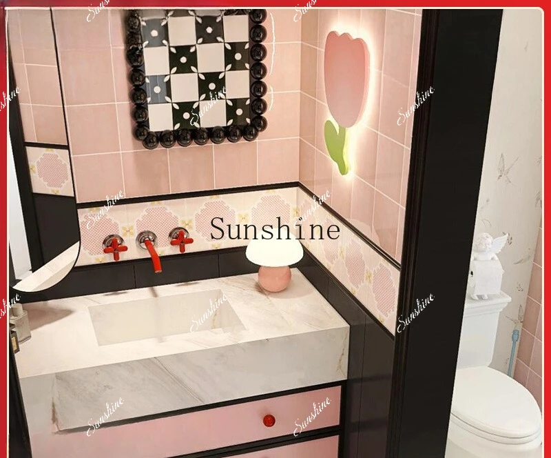 Bathroom cabinet combination rock slab seamless ceramic basin dopamine color matching bathroom  FT