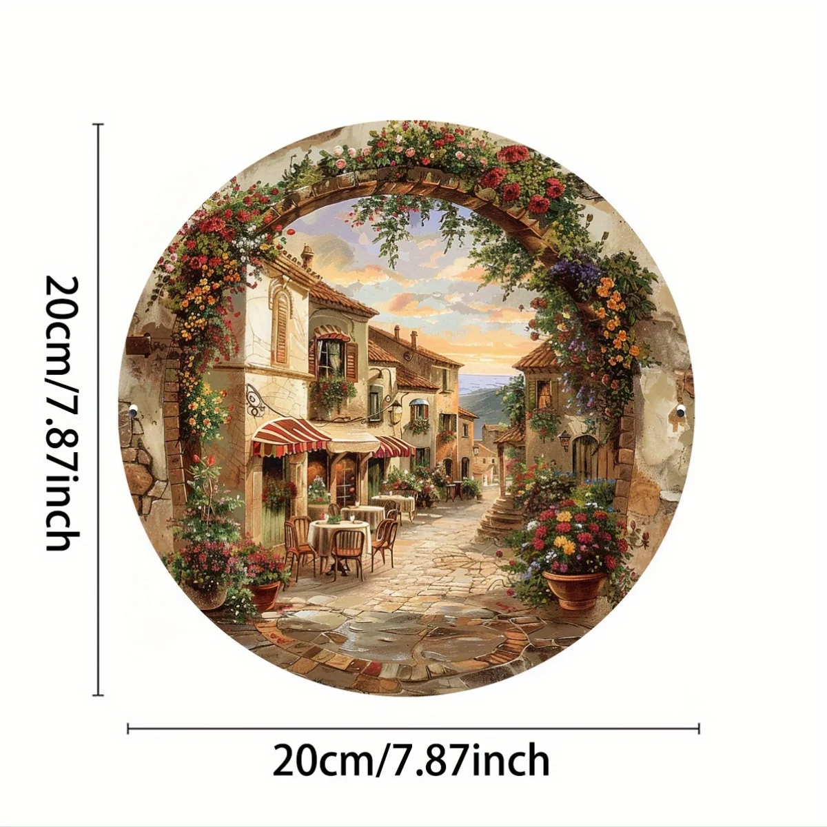 Single Pack Vintage Floral Townscape Aluminum Metal Sign, 8x8 Inch, Metal Wall Art Decor, Tinplate Engraving, for Home, Restaura