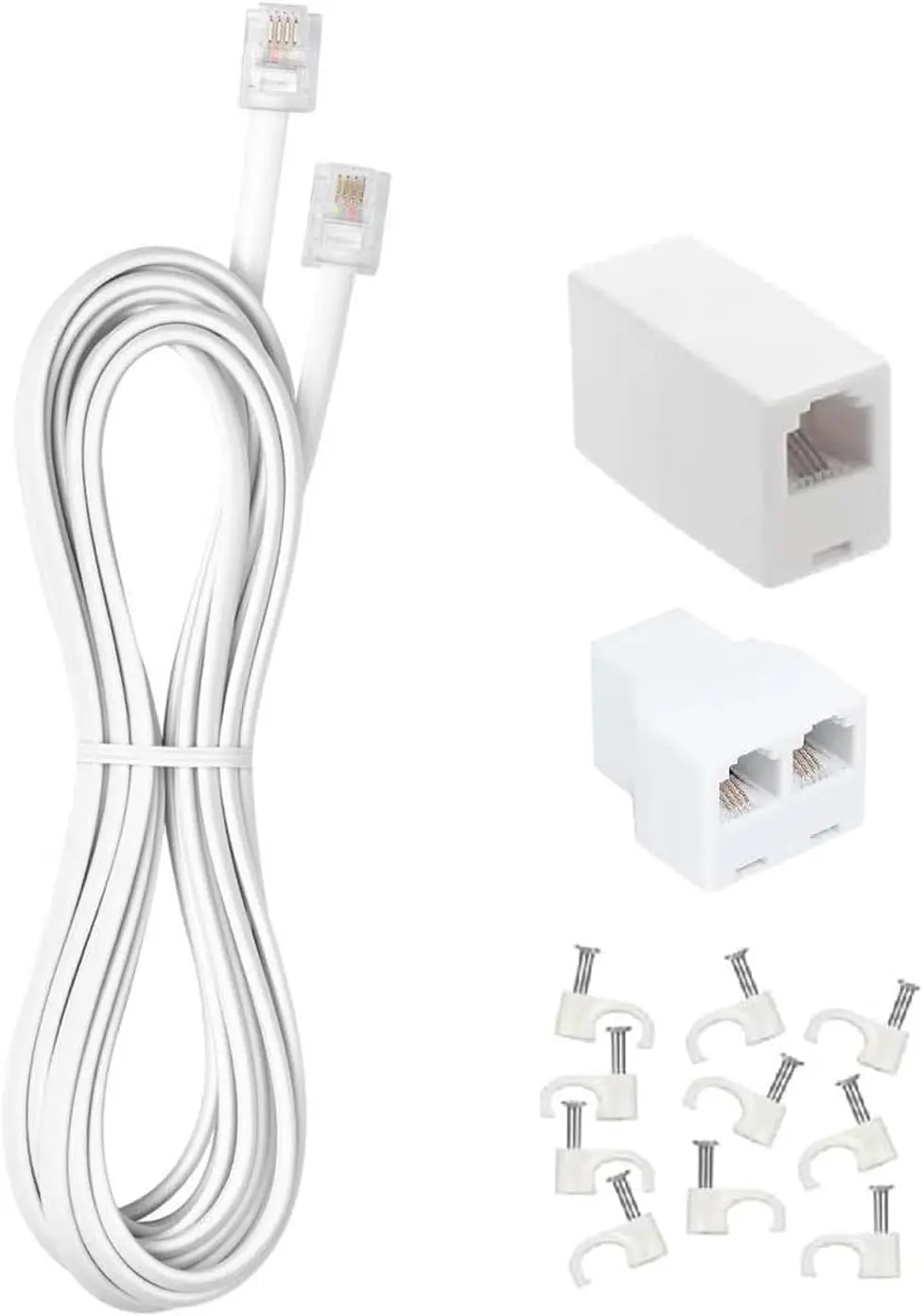 10 FT White Telephone Extension Cord with RJ11 Plug, Splitter, Coupler & 10 Clips for Clear Calls