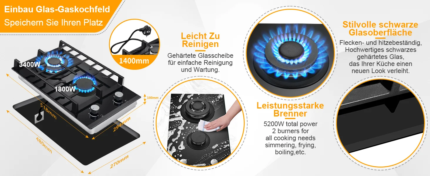 EU-zertifiziertes 2-Flammen-Gaskochfeld 30 cm aus gehärtetem Glas | Eingebautes Gusseisen-Regal, Dual-Fuel (NG/LPG), 5200W, Flammenausfallschutz, Schwarz – Detail 4