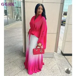 GGHK Gradient Pleated Fashion Skirt Two Piece Women Belted Bat Sleeve Top A-Line Long Dress Elegant Party 2024 New Set