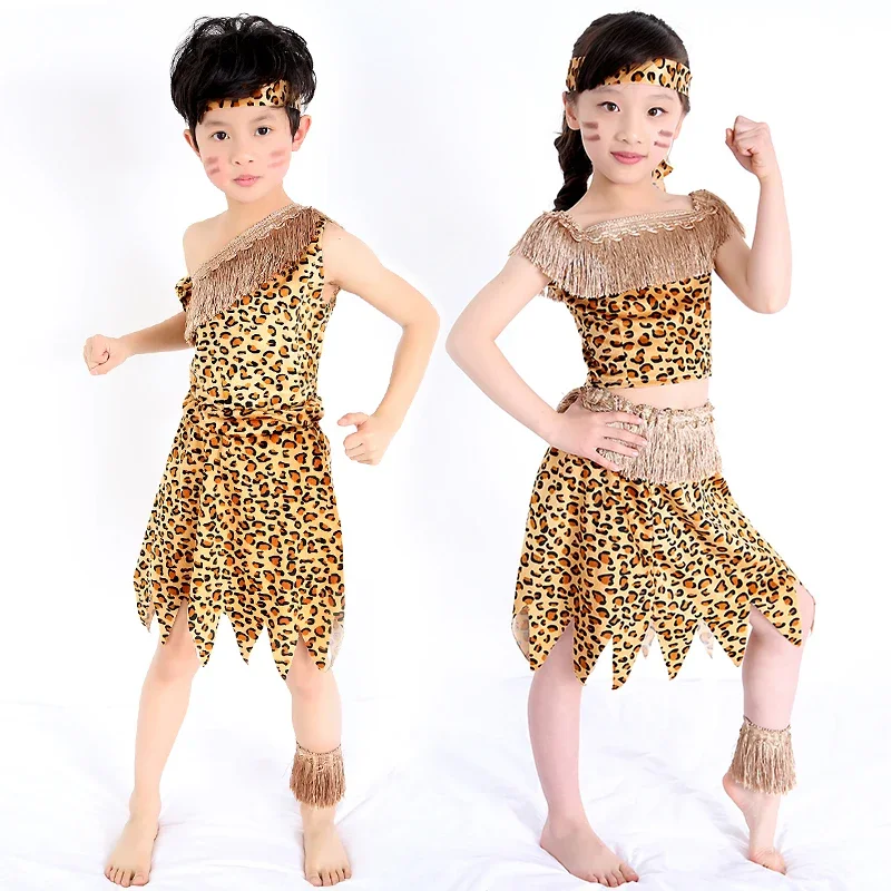 children savage caveman costumes boy leopard African tribal Hunter clothing for girl Performance costumes cosplay dress