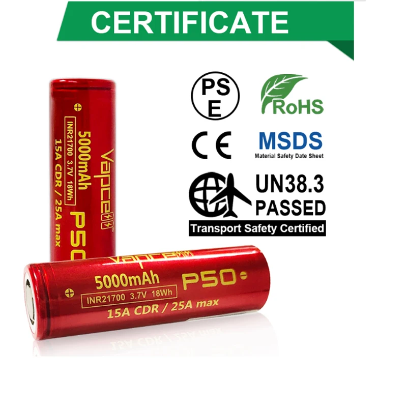 Original Vapcell Li Ion Battery P50 INR21700 5000mah 3.7V 21700 Batteries 15A/25A Rechargeable Cells High Capacity For Box-Mod
