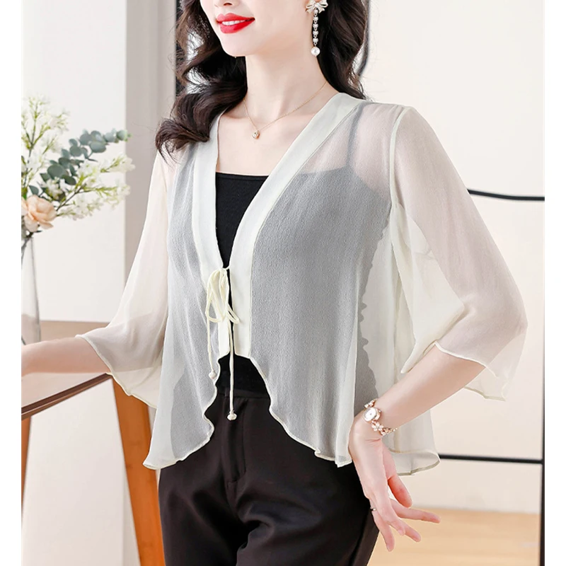 Women Fashion Chiffon Outwear Crop Tops Cardigan Sun Protection Shawl Chinese Style Short Jacket Overwear Party White Green