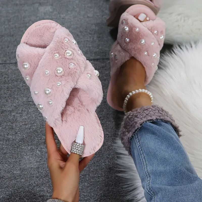 Furry Slippers Woman Slides Casual Fur Flat Heels Shoes Trend Pearl Spring Autumn Slippers Plus Size Zapatos De Mujer