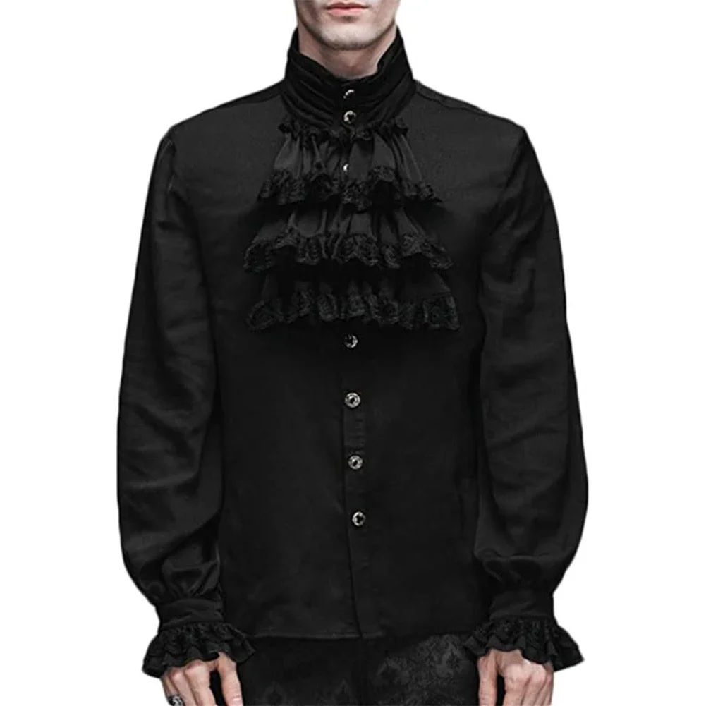 Men Vampire Victorian Renaissance Shirts And Blouses Solid Black White Gothic Ruffled Stand Collar Medieval Blouse Tops Shirt