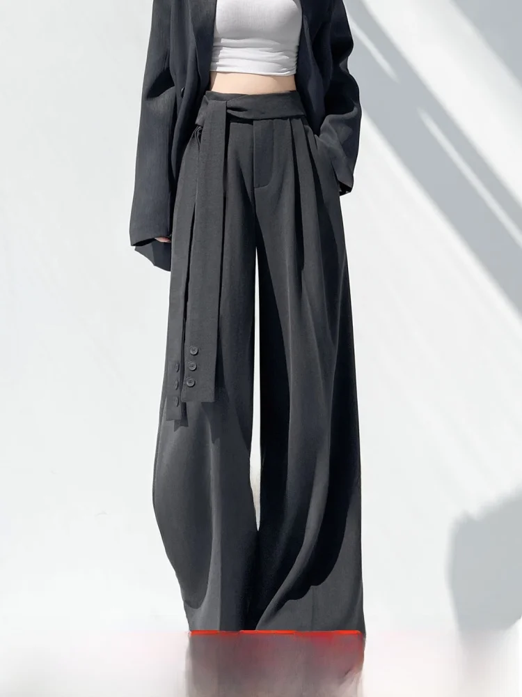 

Шерстяные костюмные брюки с высокой талией и поясом, повседневные прямые брюки, корейские брюки для поездок на работу, женская мода