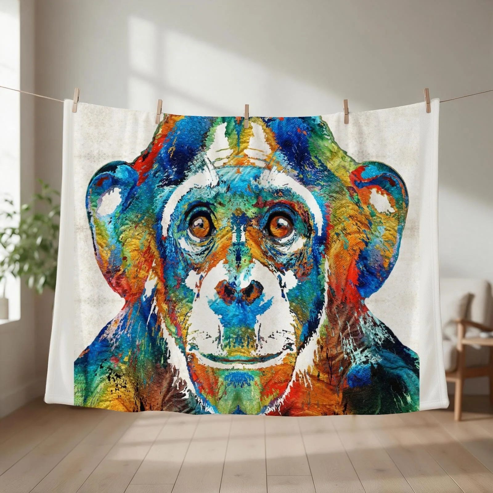 Colorful Chimp Art - Monkey Business - By Sharon Cummings Throw Blanket couch cozy soft plush fuzzy picnic outdoor blanket