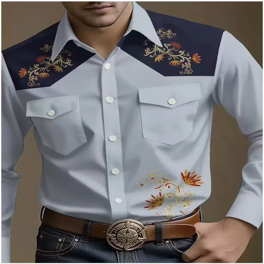 2025 Camisa de vaquero Western negra de manga larga con patron القبلية الفقرة hombre، أوتوندو الفقرة أدواتينز الغربية، camisa