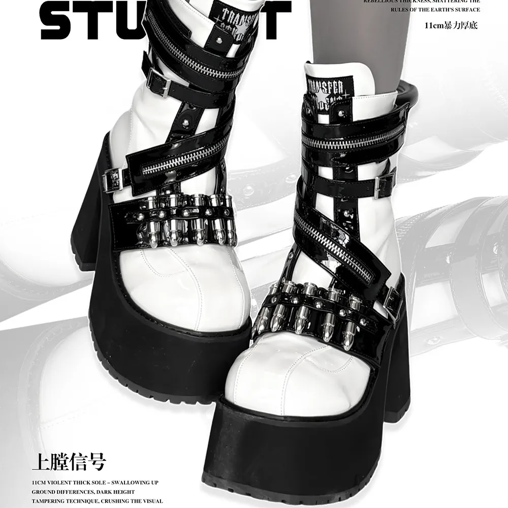 Original Punk Style Chunky Platform Ankle Boots Women Sweet Cool Knight Boots With Buckle  Rivet Decor  Lolita Sweet Girl Boots