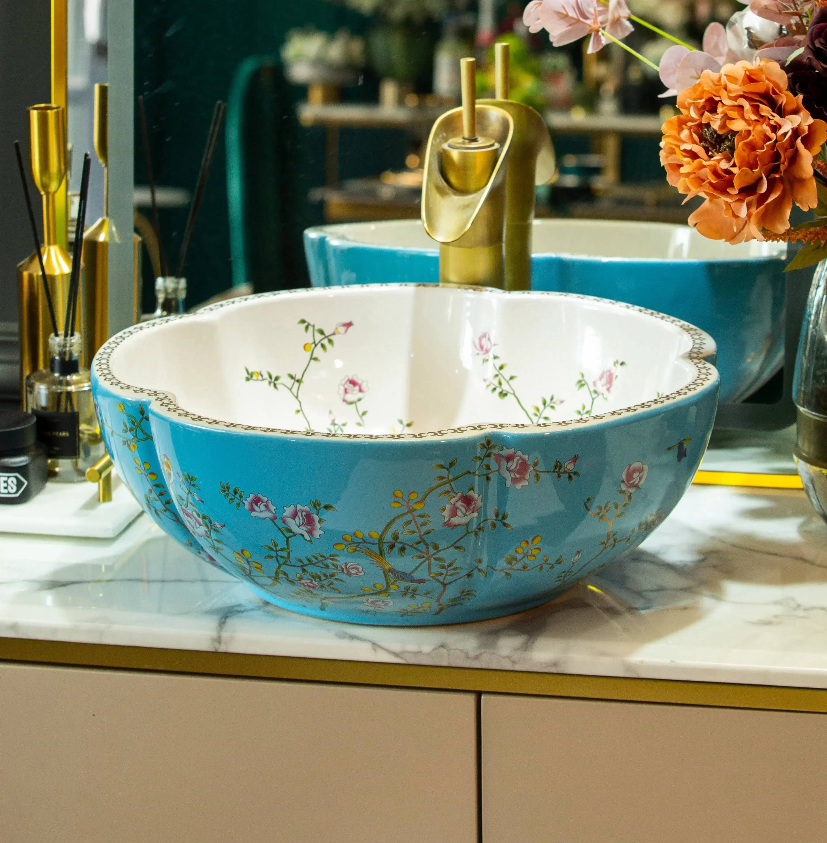 Blue Pink White Color Ceramic Countertop Wash Basin Bathroom Vessel Sink Bowl for Vanity Top with Flower Bird Design