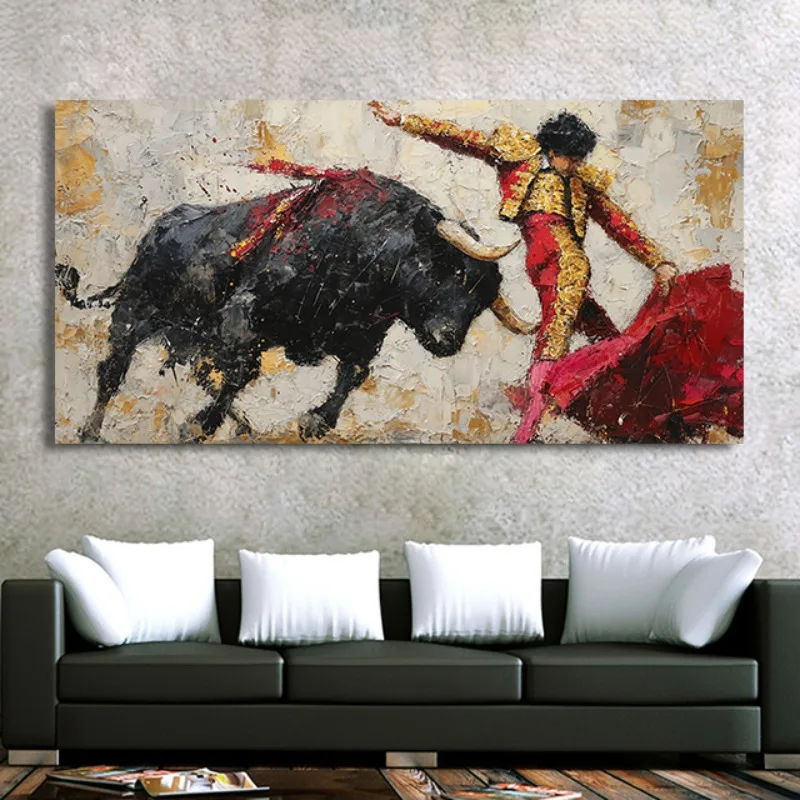 Classic Spanish Bullfighter Oil Painting Canvas Print Wild Black Bull Poster Running Bullfight Poster for Home Wall Home Decor