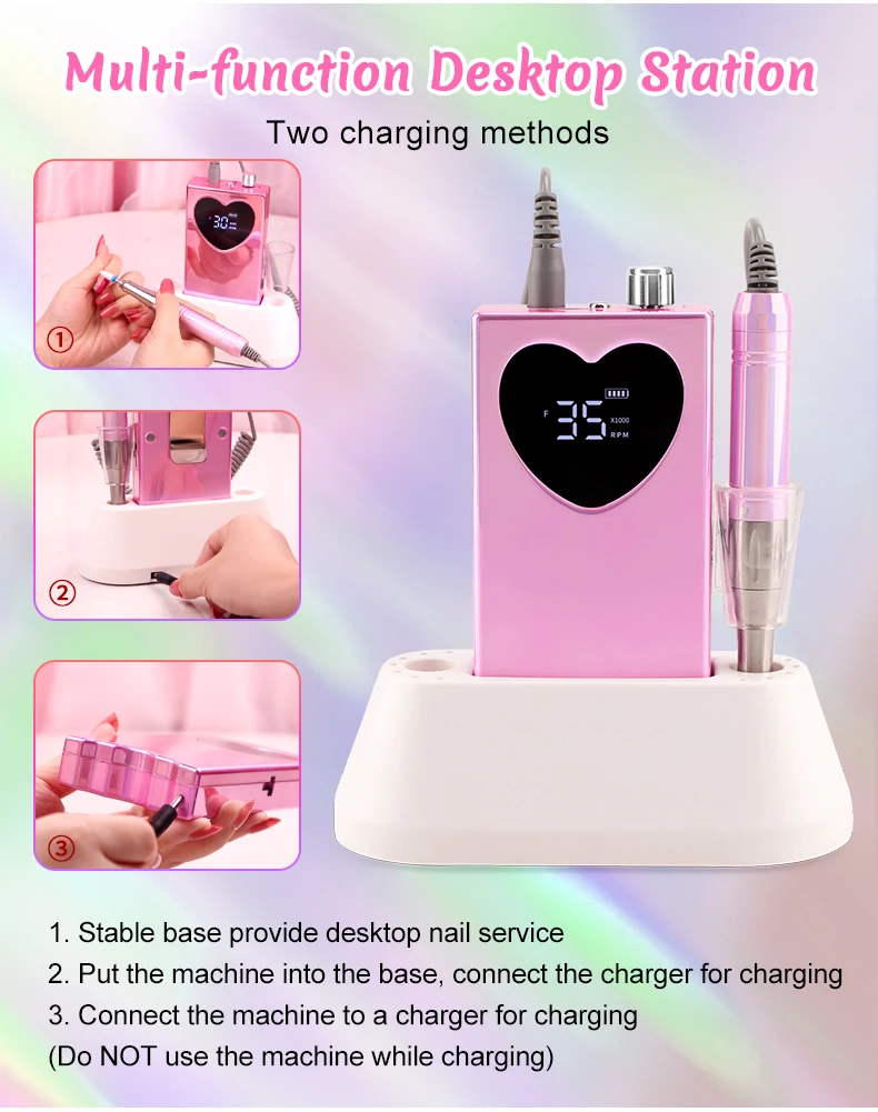 Coreless Nail Rechargeable Portable Nail Drill 35000rpm Ultra-thin Body Desktop Base Electric Machine Cordless Battery