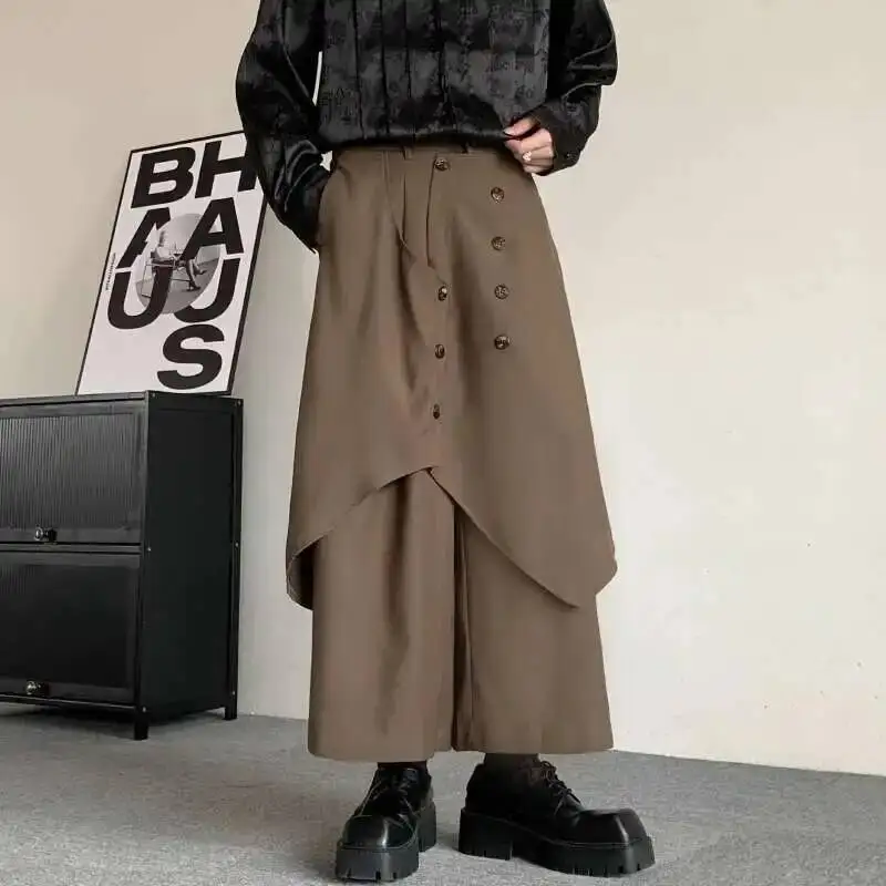 HKSH Spring Men Dark French Button Layered Japanese Style Irregular Suit Pants Tide Chic Women Loose Skirt -Pants Fashion HK0025
