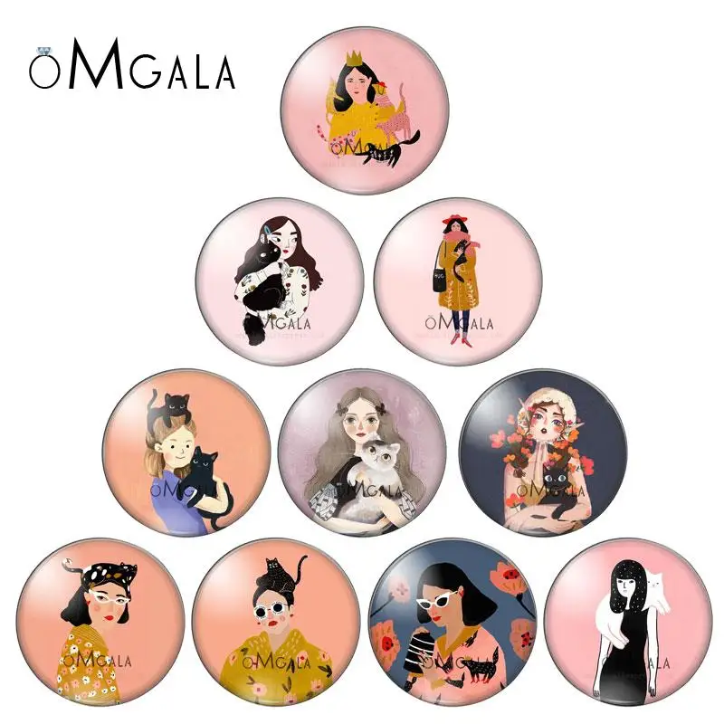 Fashion Woman Girl with Cat Illustration 10mm/12mm/14mm/18mm/20mm/25mm Round photo demo glass cabochon flat back Making findings