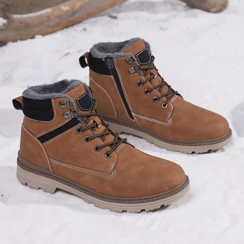Winter Plus Size Leather Men's Cotton Boots Fashion Plush Warm Ankle Snow Boots Non-slip Waterproof Men Casual Boots Work Boots