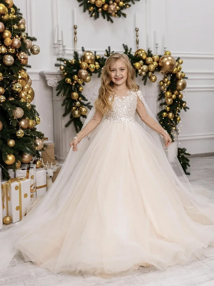 Elegante vestido de tul esponjoso con apliques de lentejuelas, manga completa, vestido de niña de flores para boda, vestido de fiesta de cumpleaños de primera comunión para niños