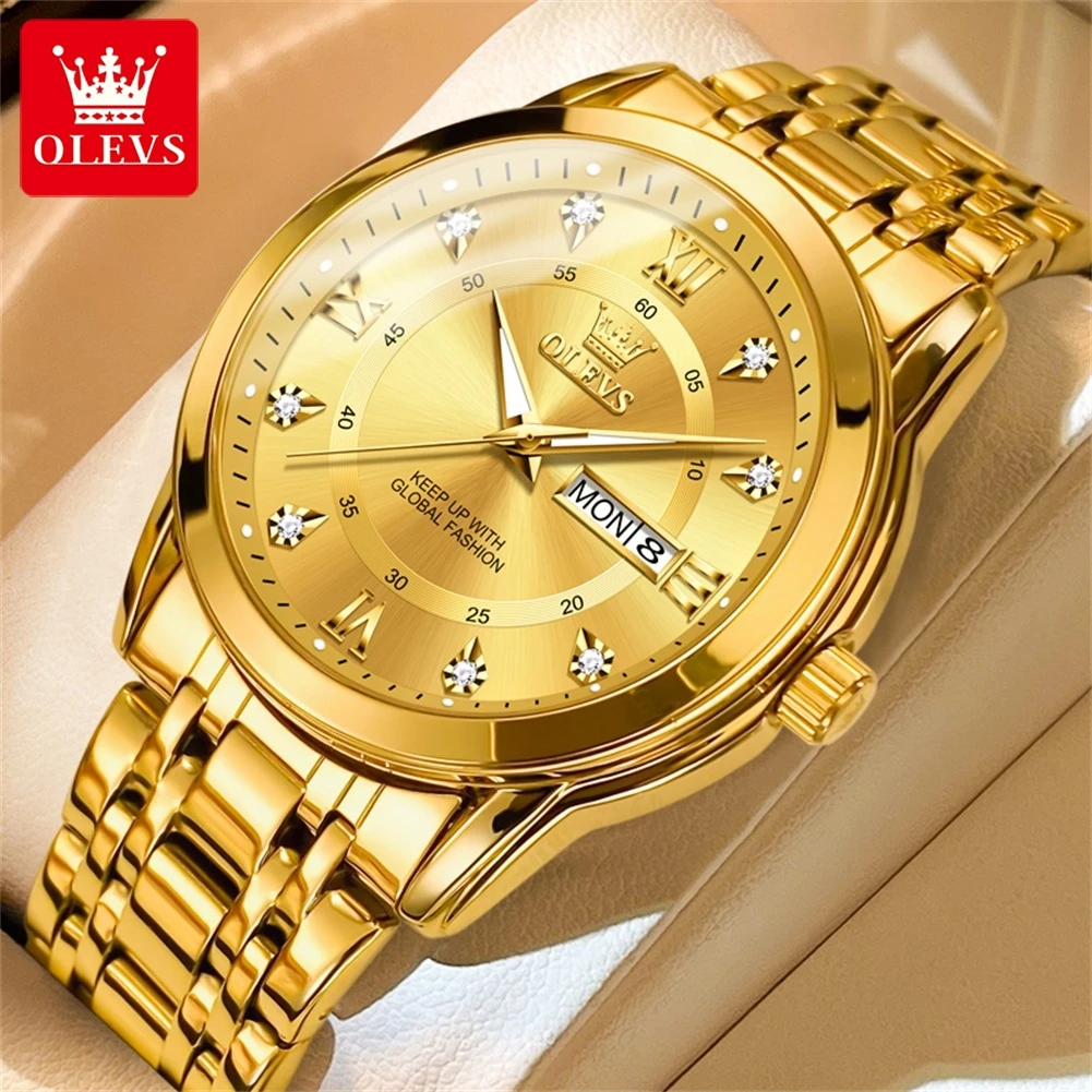 OLEVS Top Brand Men's Watches Gold Stainless Steel Strap Waterproof Quartz Watch Week Calendar Luminous Original Luxury Watch