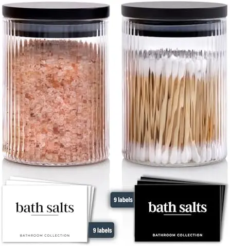 

Стеклянные банки для ванной комнаты Mason & Fable с ребристой поверхностью и бамбуковыми крышками - набор из 2 штук по 10 унций для ватных дисков, ватных палочек, солей для ванн