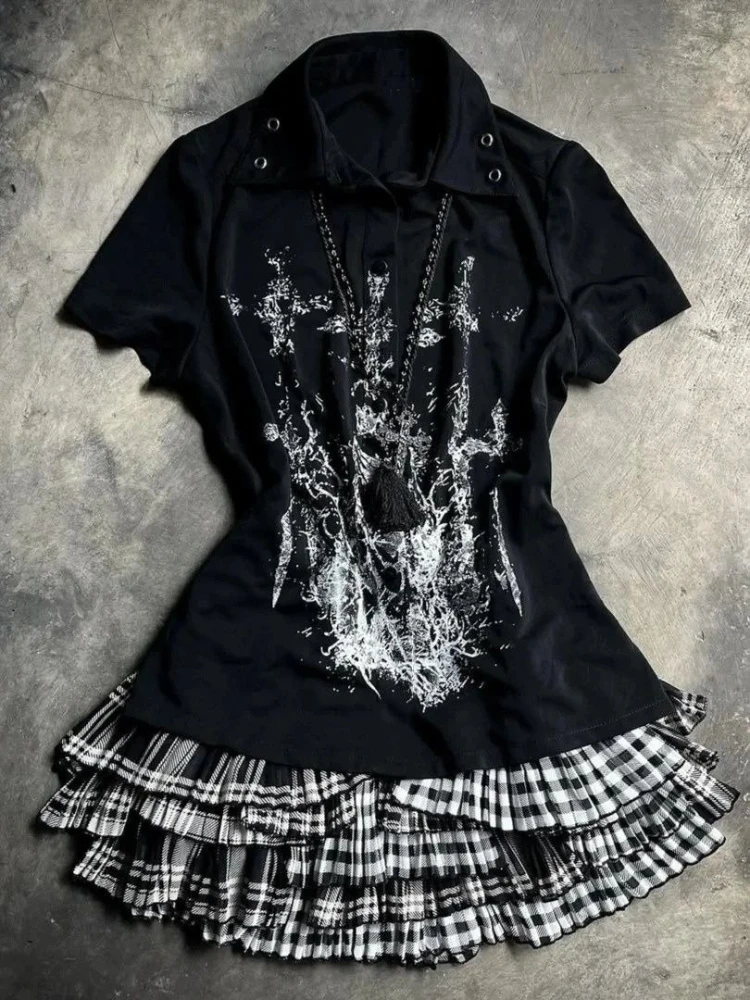 

Gothic Summer High Street Slim Short Sleeve Tops Women Aesthetic Hot Girl Lapel Black Print T-Shirts Female Vintage Y2k Outfits