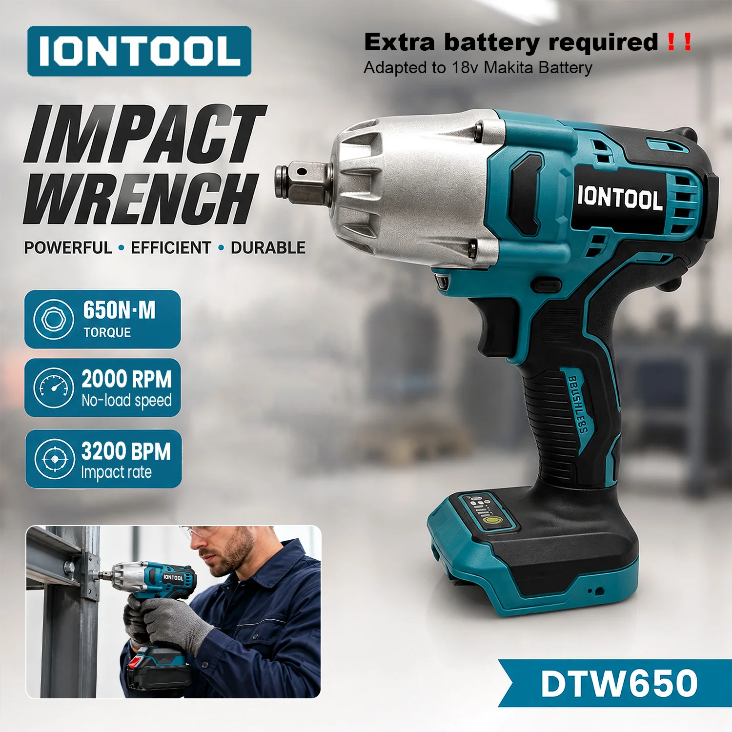 IONTOOL 650N High Torque 1/2 Inch Impact Wrench 2000RPM 3200IPM Cordless for Stubborn Bolts and Home Garage Tool Only