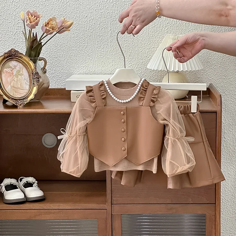 

Children's Sets Girls' Faux Leather Set Stylish Top & Skirt Trendy 2-Piece Autumn Outfit for Toddlers