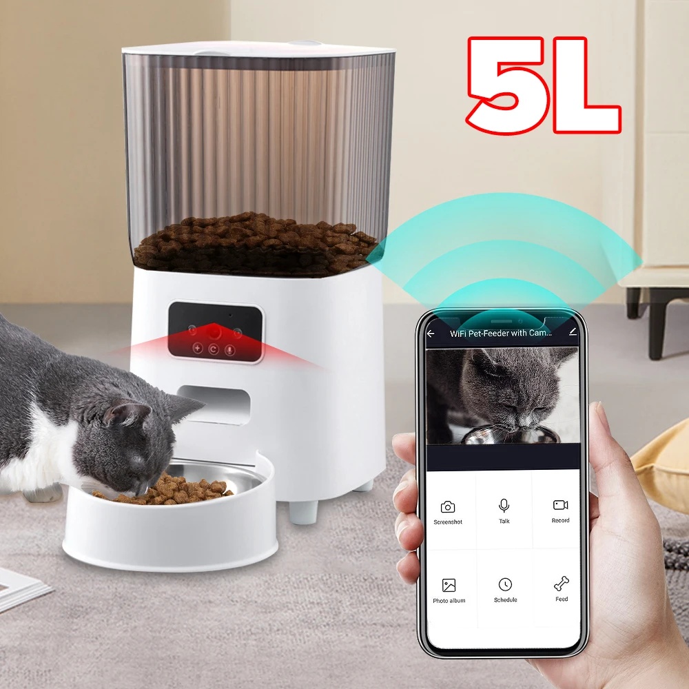 Automatic Cat Feeders with Pet Camera for Dog and Cat Night Vision Two Way Audio Video Smart WiFi Food Dispenser Remote Control