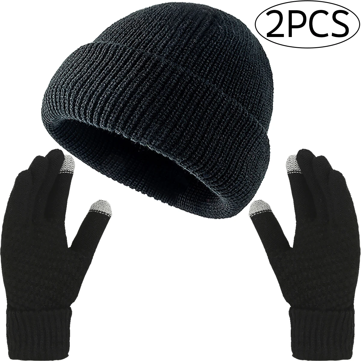 2 Pcs Winter Warm Skull Beanies Short Thread Knitted Hat Gloves Set Comfortable Headwear for Men Women Hip Hop Solid Cuffed Caps