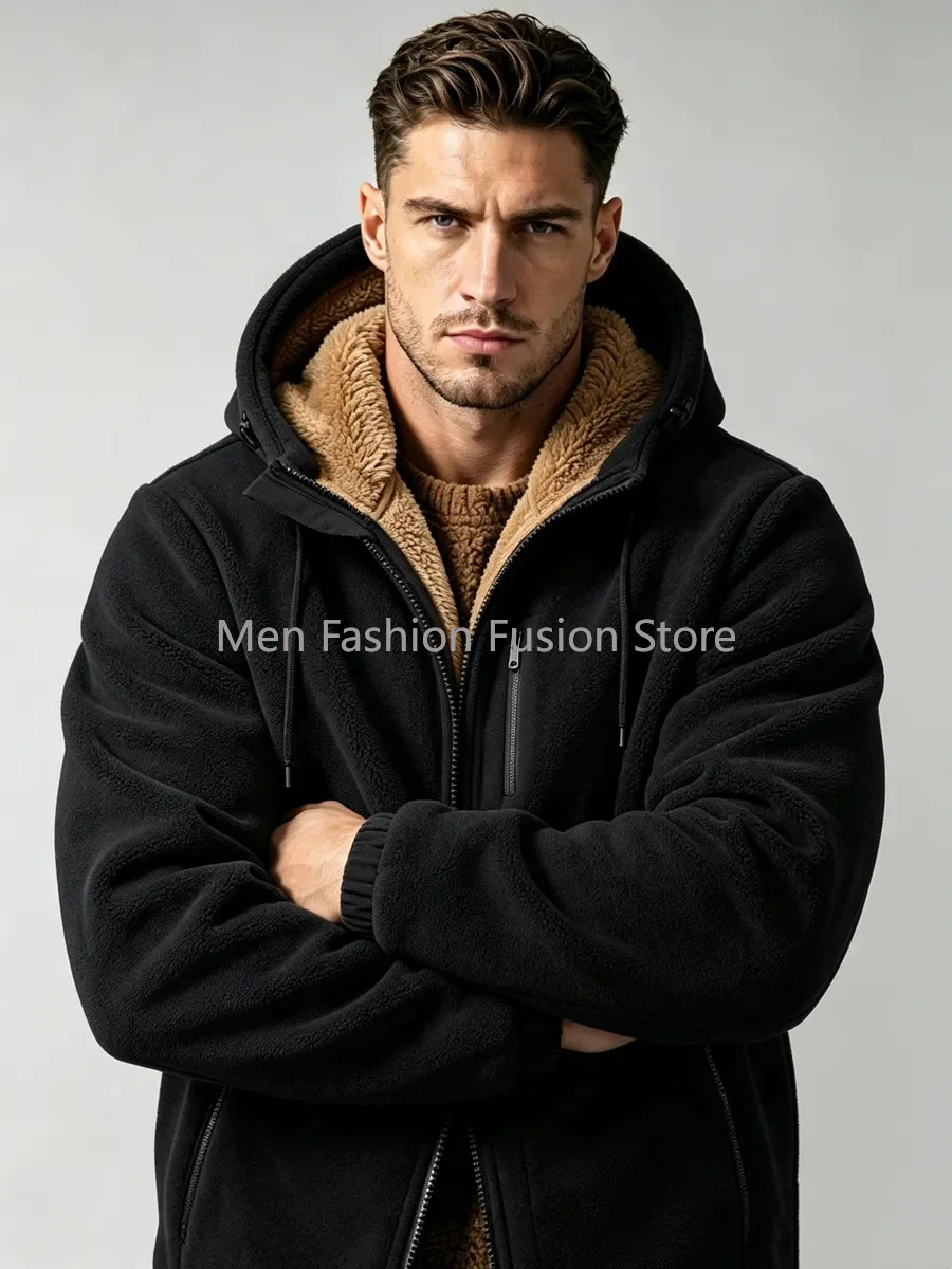 Thick Warm Lamb Wool Hooded Jackets for Men Autumn Winter Fashion Solid Color Casual Loose Sports Coat Windproof Workwear Jacket