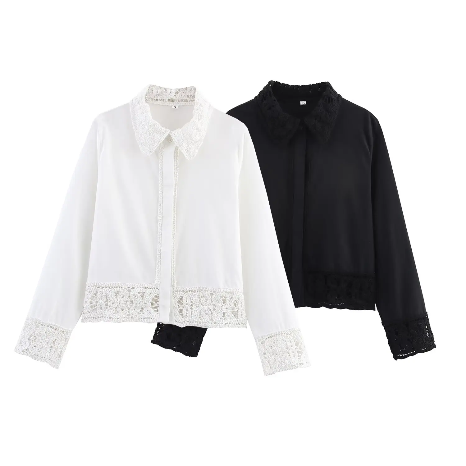 

2025 new women's clothing European and American style fashion design crochet long-sleeved lapel temperament shirt