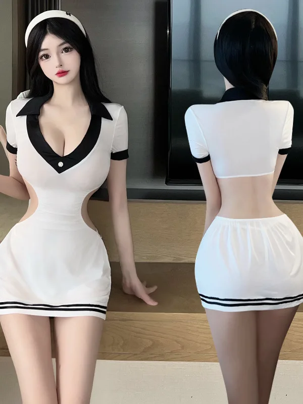 Underwear Female Deep V-neck Cute Pure Desire School Girl Uniform Small Chest Back hollowed out dress Self cultivation 7KOI