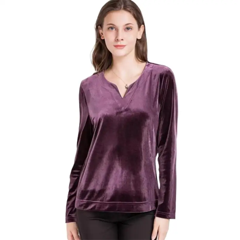 

Autumn Winter Basic Velour Pullovers Women 2024 Loose Casual Velvet V-Neck Tops Female Long Sleeve Elegant Office Lady Shirts