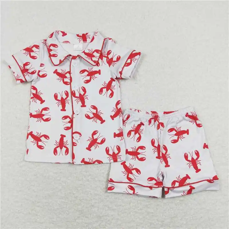 Toddler Summer Baby girls Red Crawfish outfits flutter sleeves Top red Shorts kids clothing sets Children boutique clothes