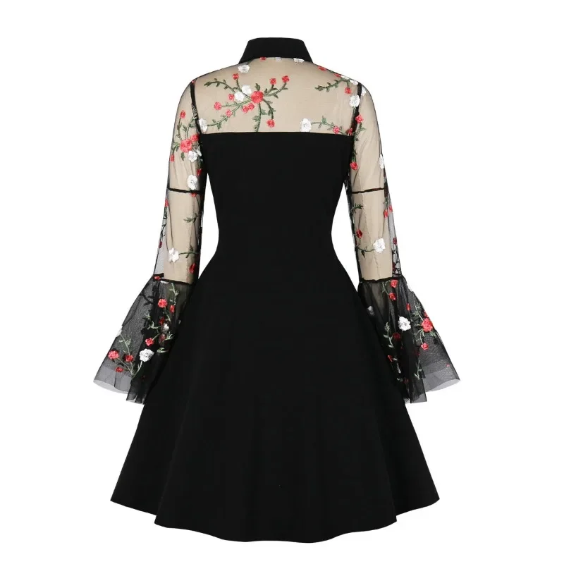 2024New Retro Floral Embroidered Mesh Long Sleeve Elegant Party Dress Vintage Women Turn-Down Collar Keyhole A Line Mini Dresses