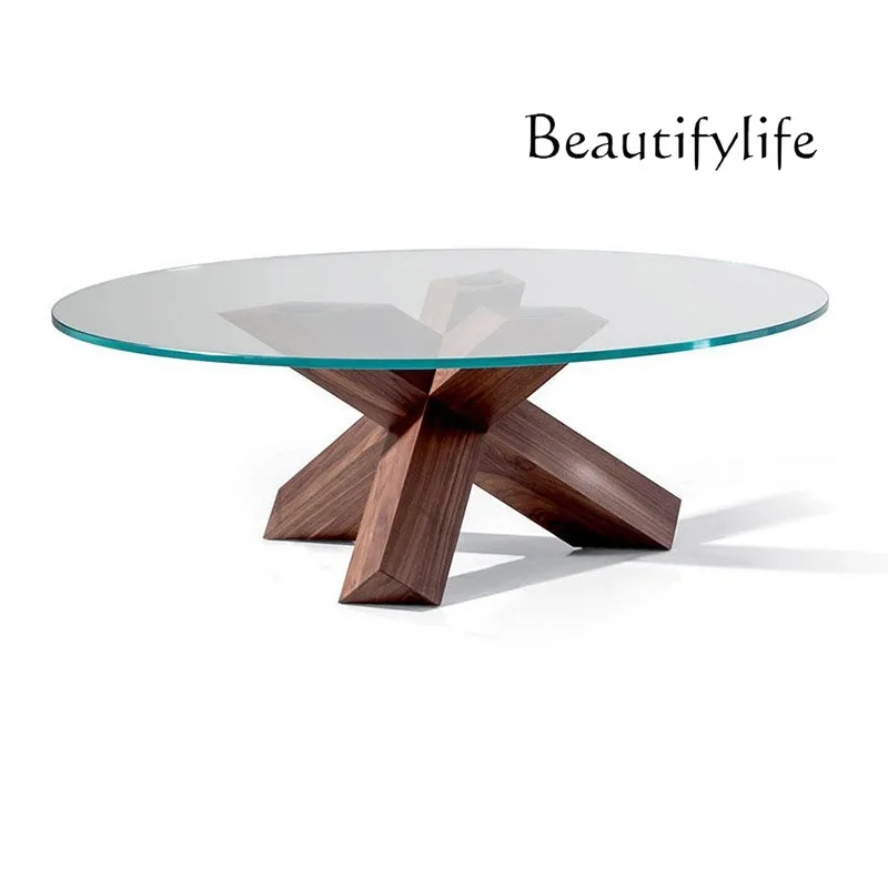 Italian Minimalist Villa Living Room Tempered Glass round Coffee Table Modern Solid Wood Tea Table