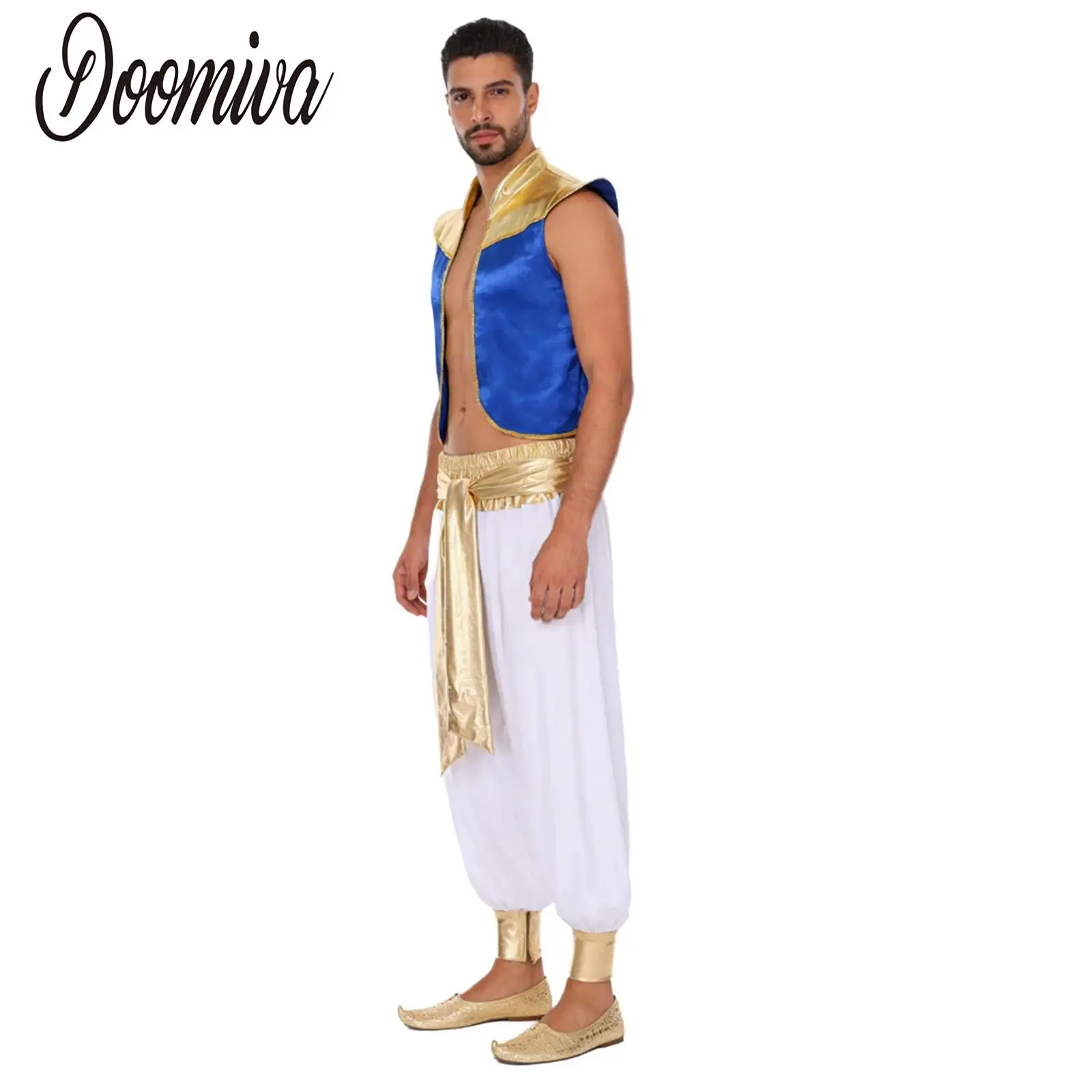 

Men Arabian Prince Aladins Captain Clothes Fancy Dress Up Halloween Costume Fairy Tale Prince Cosplay Party Magical Lamp Outfit