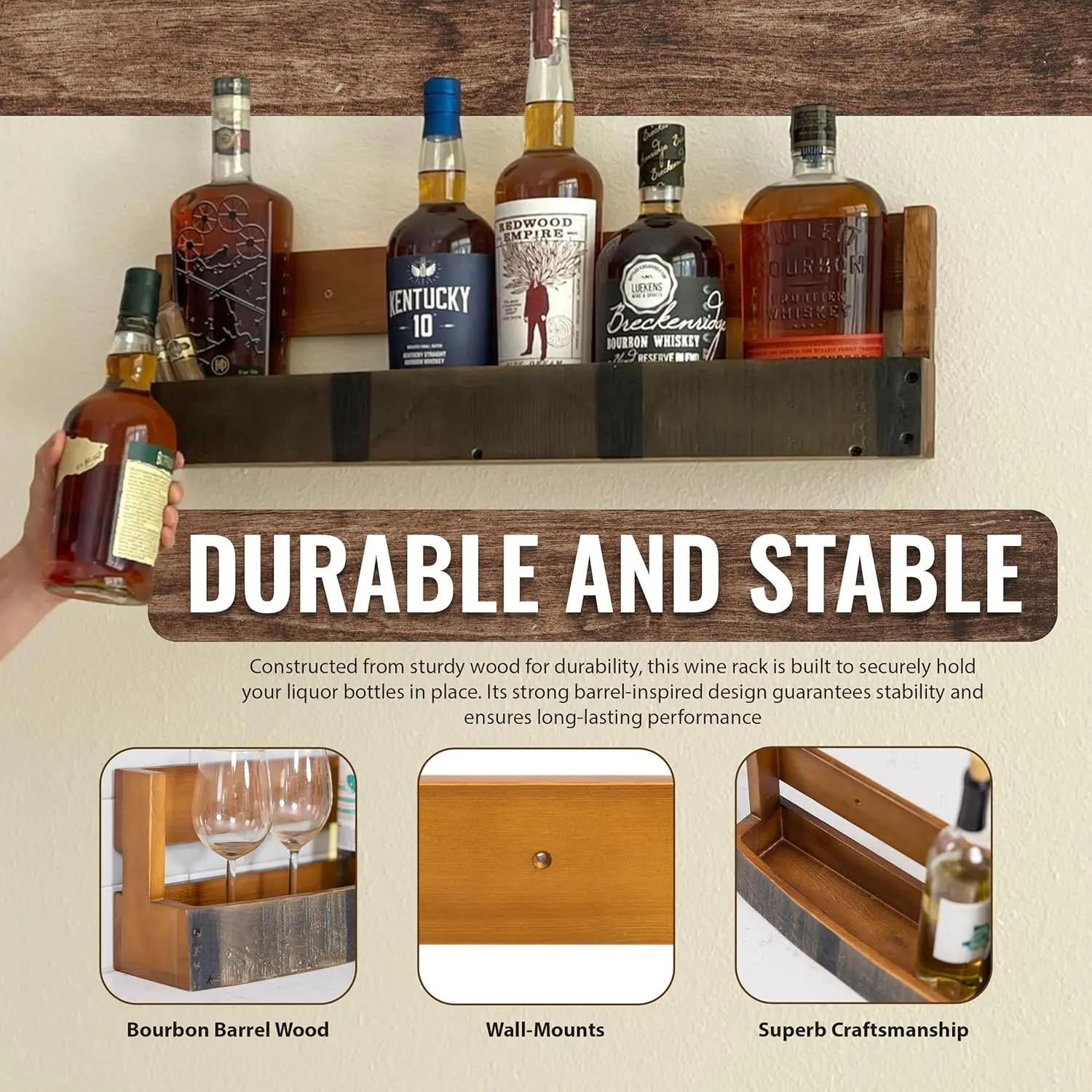 Whiskey & Wine Barrel Shelf - Rustic Wall-Mounted Wooden Rack for Liquor Bottles, Bourbon Display, Space-Saving Home Bar