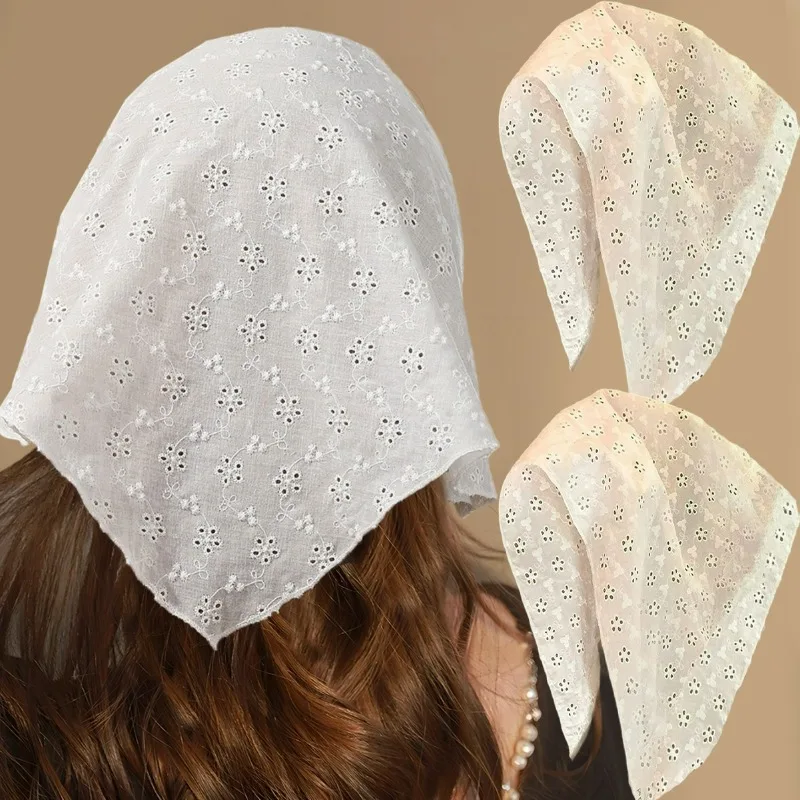 

Hollow Flower Vine Triangle Hair Scarf Women Summer Breathable Sweet White Vine Lace Hair Scarf Headband Girls Bandana Headscarf