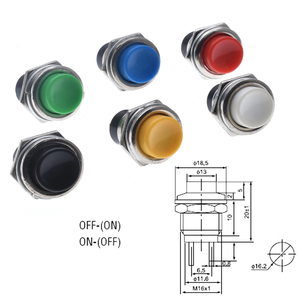 5PCS DS-212 Momentary OFF-(ON) 16mm Red/Gray/Green/White/Black/Blue/Yellow Round Cap Push Button Switch AC 125V 3A Power button