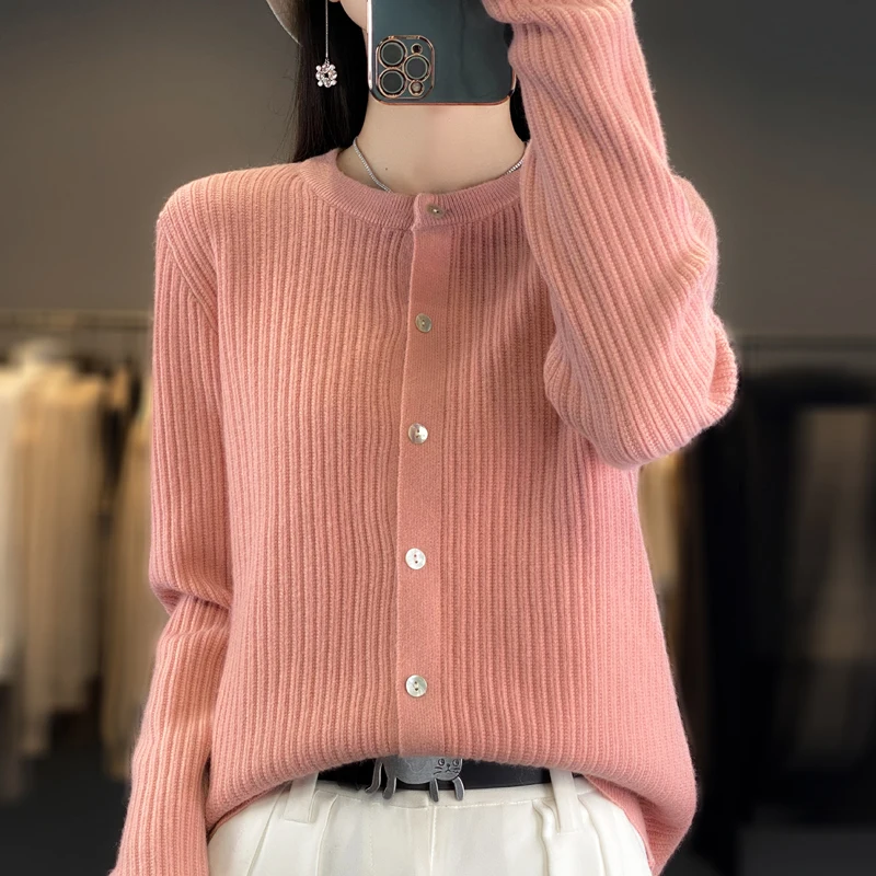 Women Pure Wool Soft Sweater O-Neck Thickened Vertical Stripe Cardigan Autumn Winter Female Coat Basis Casual Knitting Top