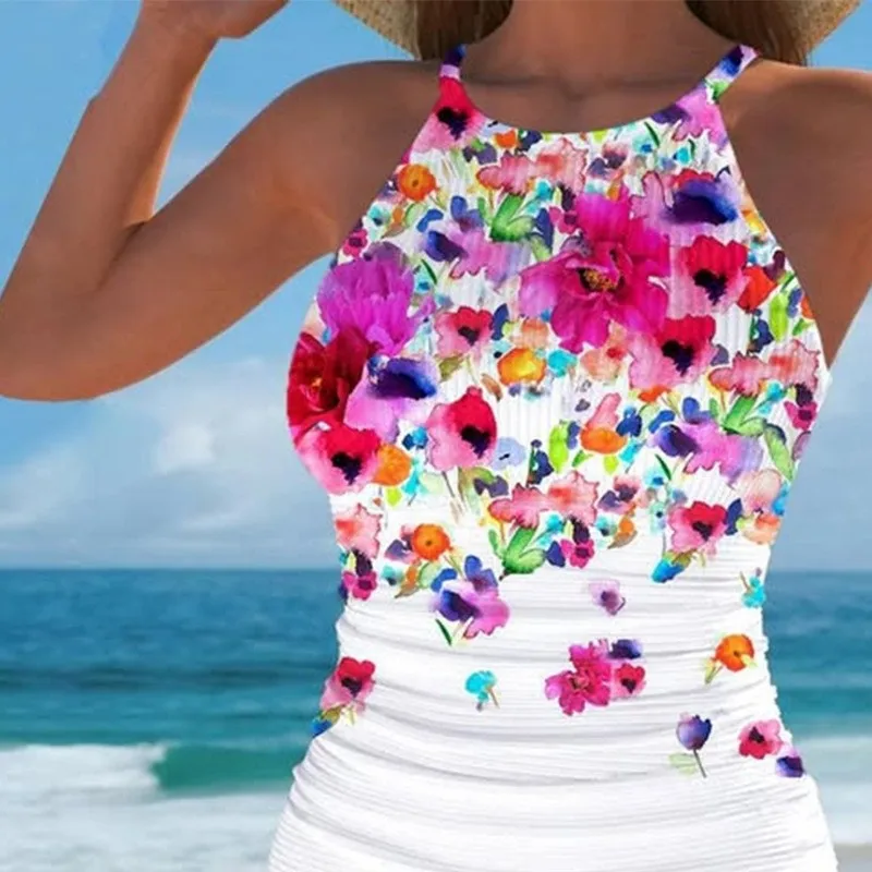 2025 Floral Printed Bikini Set Tummy Control High Waist Bottom & Triangle Vest Top Women's Sexy Swimwear for Beach & Pool Shirts