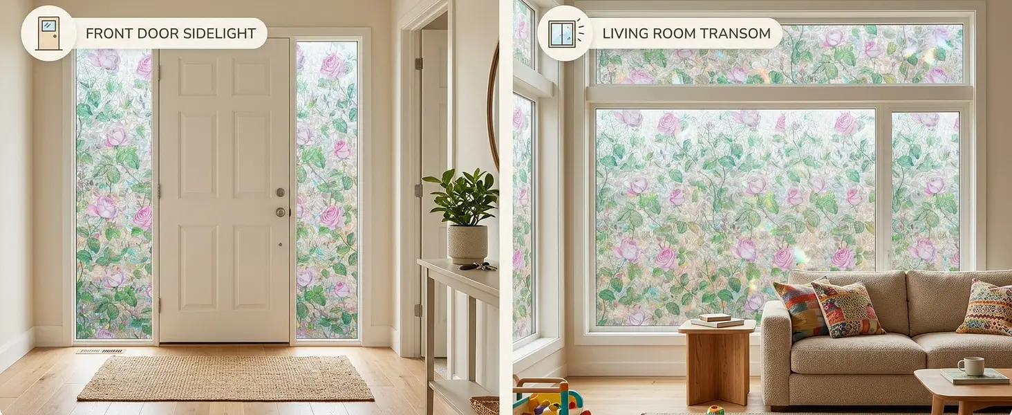 Regenbogen-Rosen-Fensterfolie im Buntglas-Stil, statisch haftend, klebefreier Sichtschutz-Glasaufkleber, UV-blockierende, hitzereduzierende, ablösbare Fenstertönung für Schlafzimmer – Detail 3