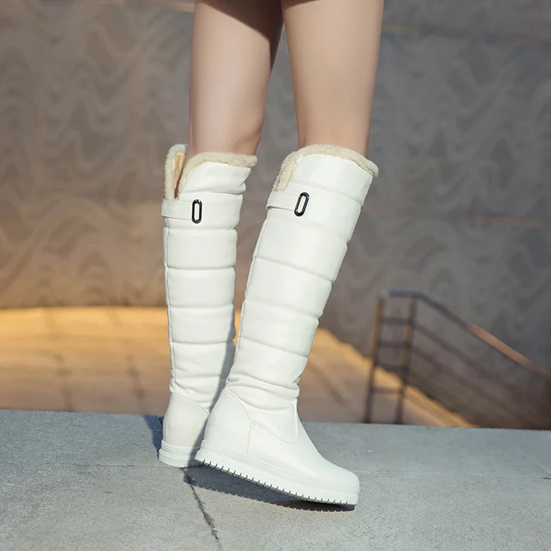 Winter Women Warm Plush Knee-high Snow Boots White Black Pink Lady Outdoor Slip-on Buckle Height Increasing Platform Long Boots