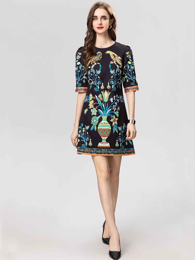 

Street Fashion Summer Dress Elegant Printing Rhinestone and Sequins Beading Mini Vestidos Vintage Casual