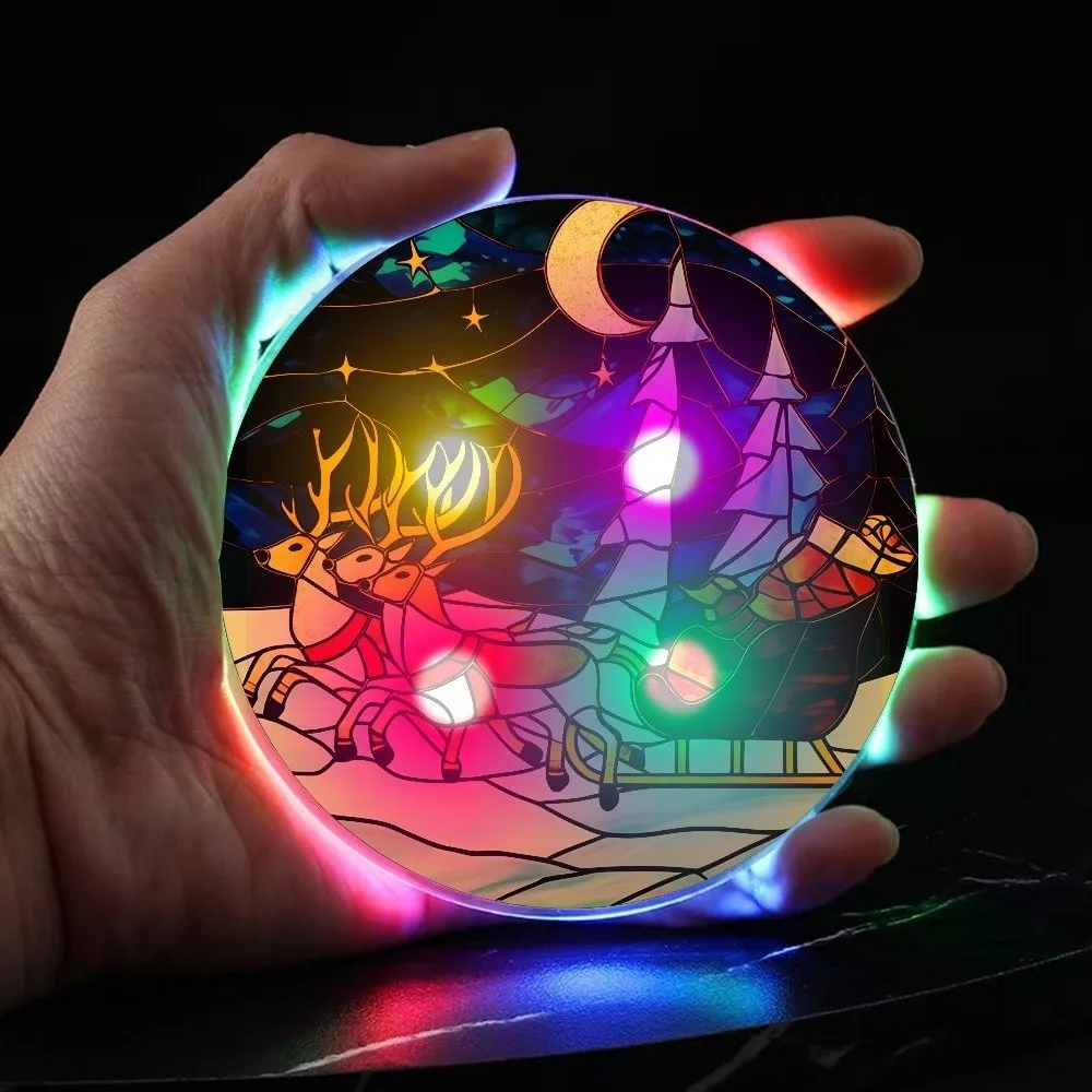 New Round Shape LED Glowing Coaster 2D Flat Design Colorful Christmas Acrylic Coaster Waterproof Novelty Drink Pad Holiday Party